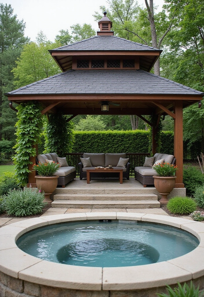 29 Hot Tub Patio Setups That Feel Like a Private Spa 10. Elegant Garden Gazebo