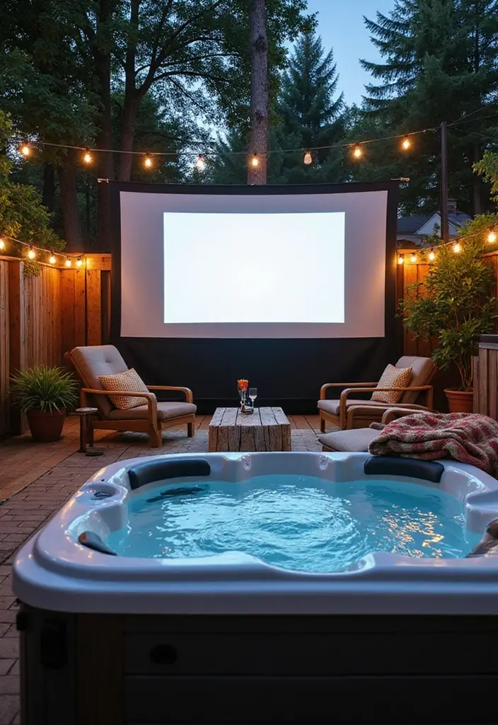 29 Hot Tub Patio Setups That Feel Like a Private Spa 13. Outdoor Cinema Vibes