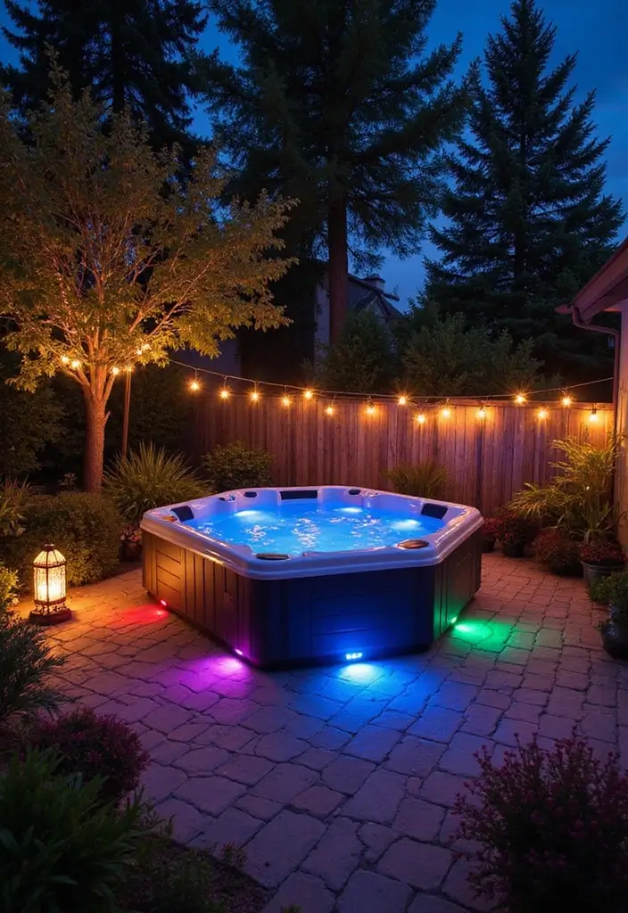 29 Hot Tub Patio Setups That Feel Like a Private Spa 17. Nighttime Glow