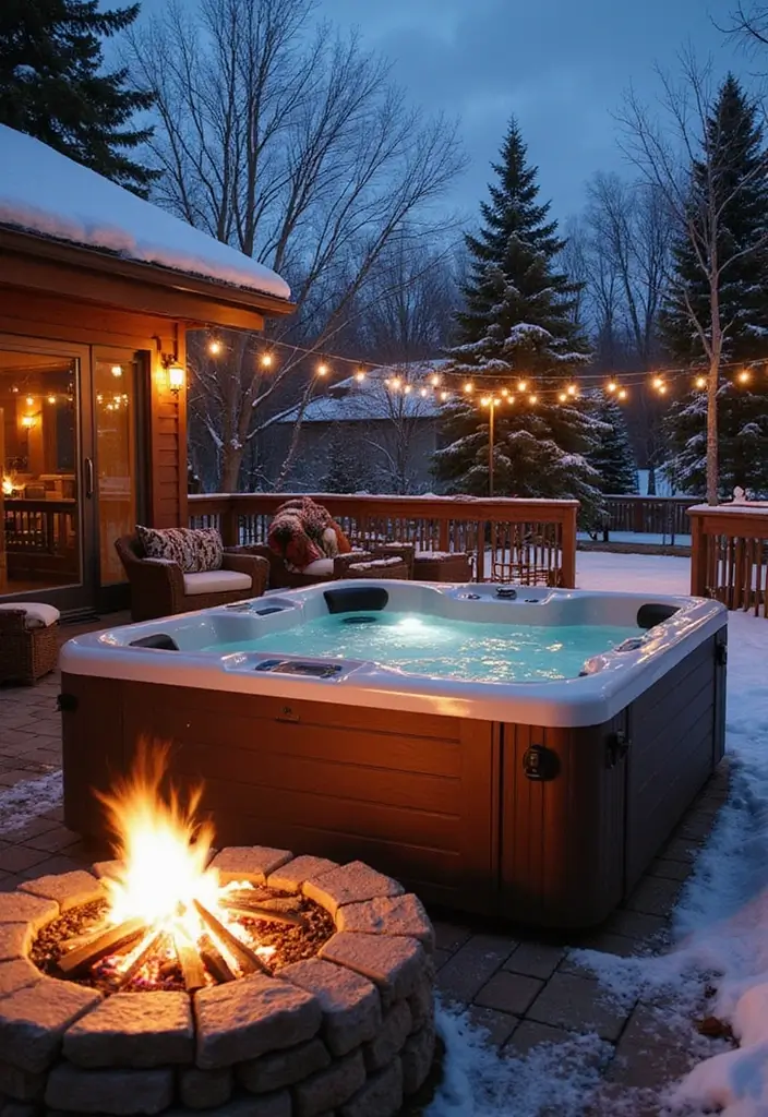 29 Hot Tub Patio Setups That Feel Like a Private Spa 21. Winter Wonderland