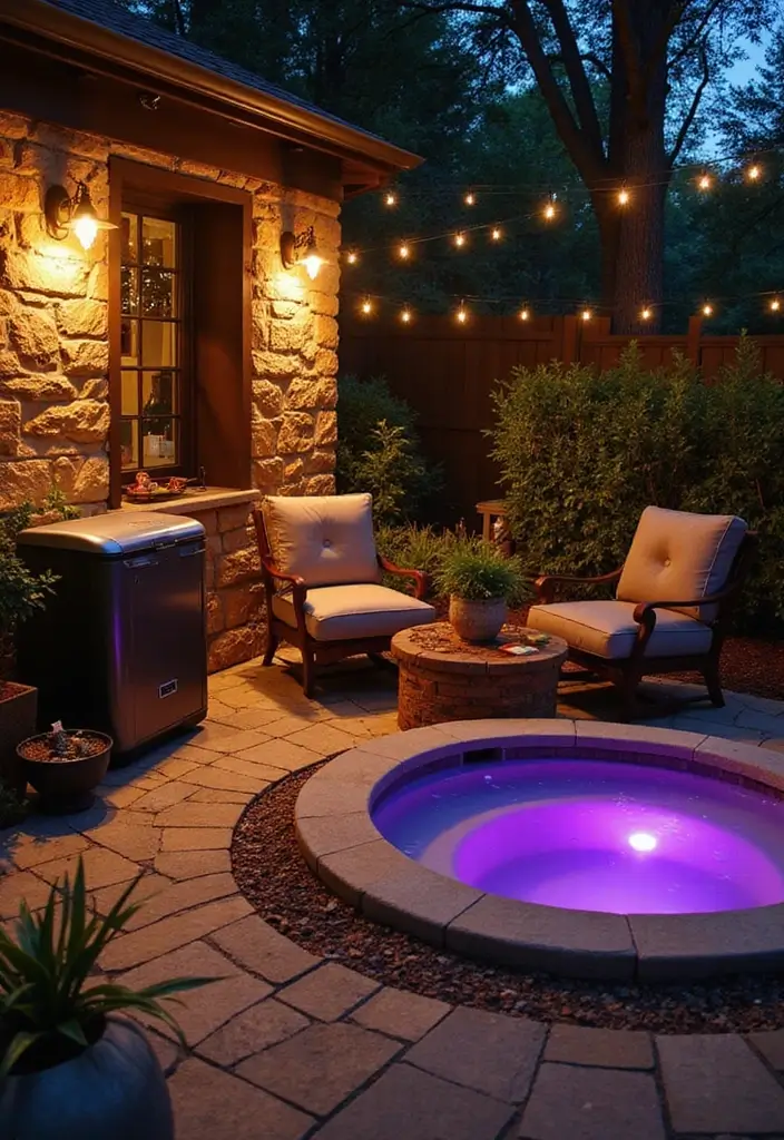 29 Hot Tub Patio Setups That Feel Like a Private Spa 22. Wine and Relaxation Retreat
