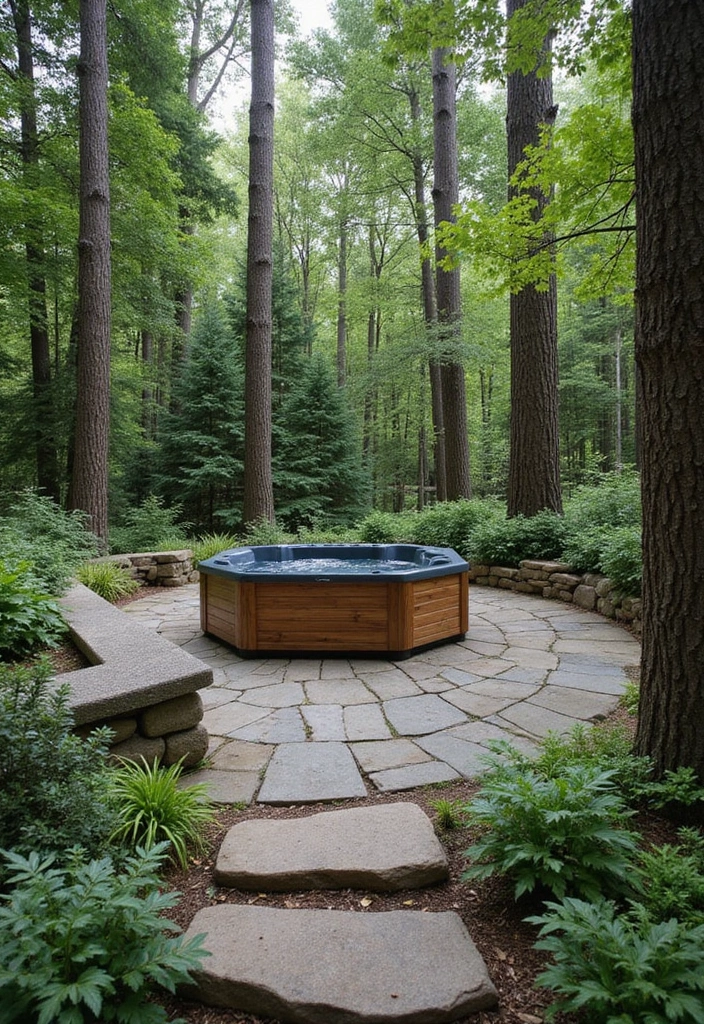 29 Hot Tub Patio Setups That Feel Like a Private Spa 23. Forest Retreat