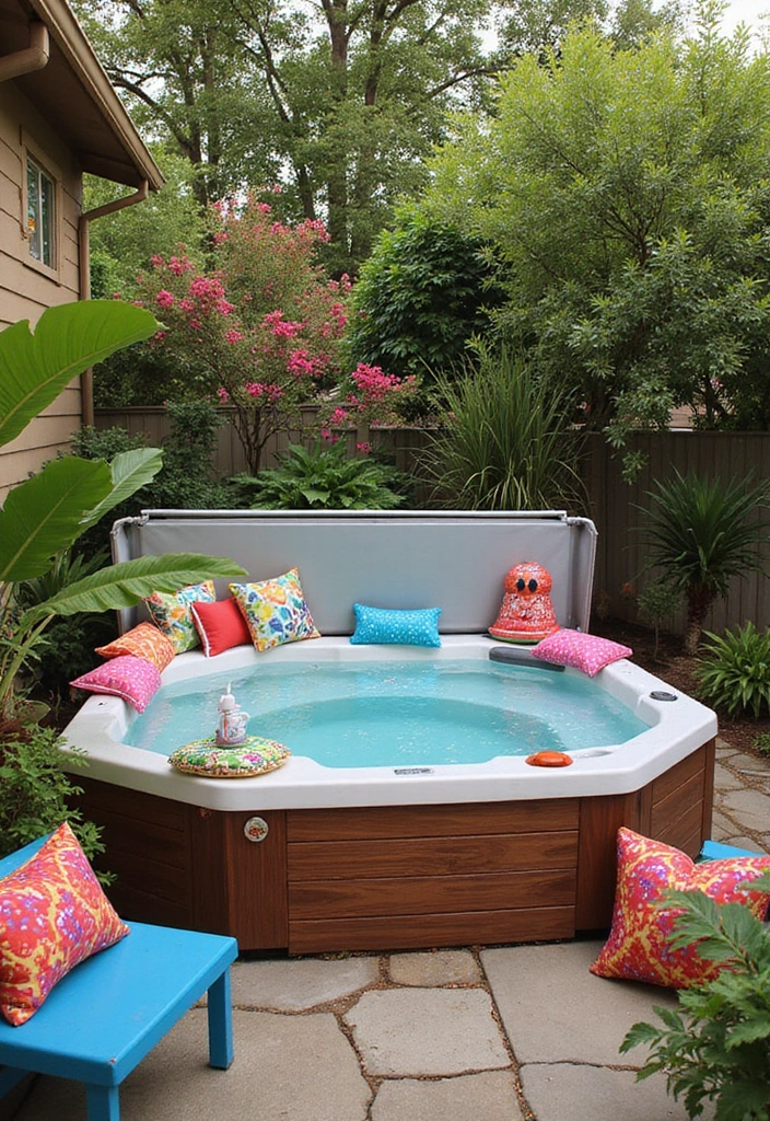 29 Hot Tub Patio Setups That Feel Like a Private Spa 24. Colorful Accents
