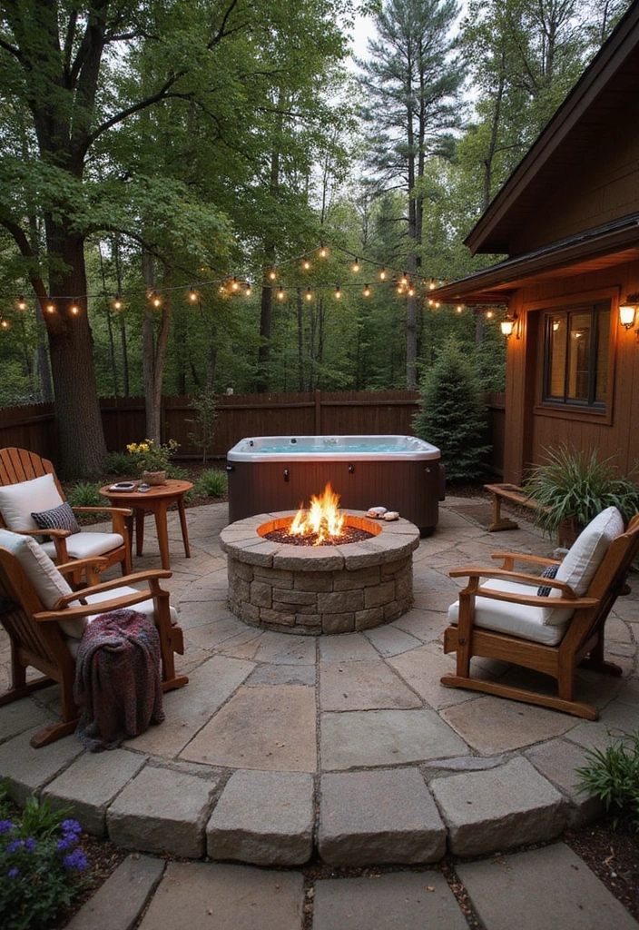 29 Hot Tub Patio Setups That Feel Like a Private Spa 28. Cozy Fire Feature