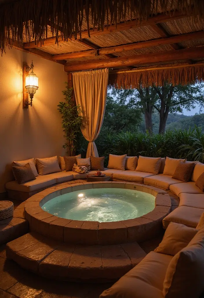 29 Hot Tub Patio Setups That Feel Like a Private Spa 5. Cozy Cabana Corner