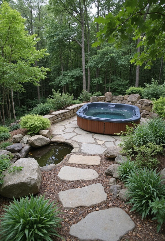 29 Hot Tub Patio Setups That Feel Like a Private Spa 7. Nature Lovers Retreat