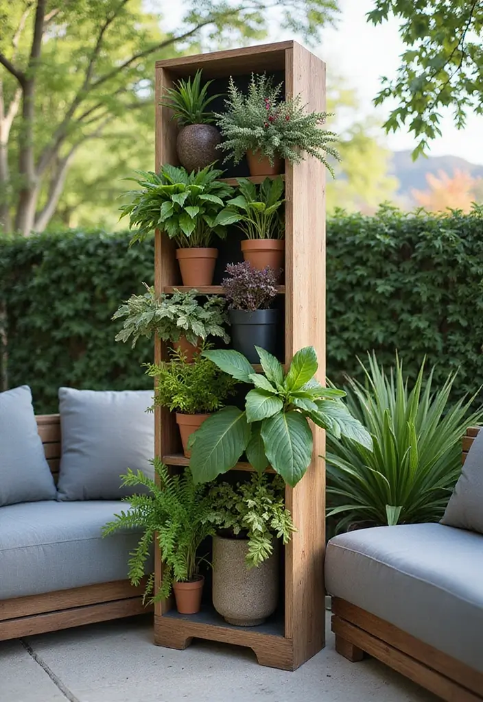 29 Small Yard Patio Ideas That Make the Most of Space 5. Vertical Plant Stands