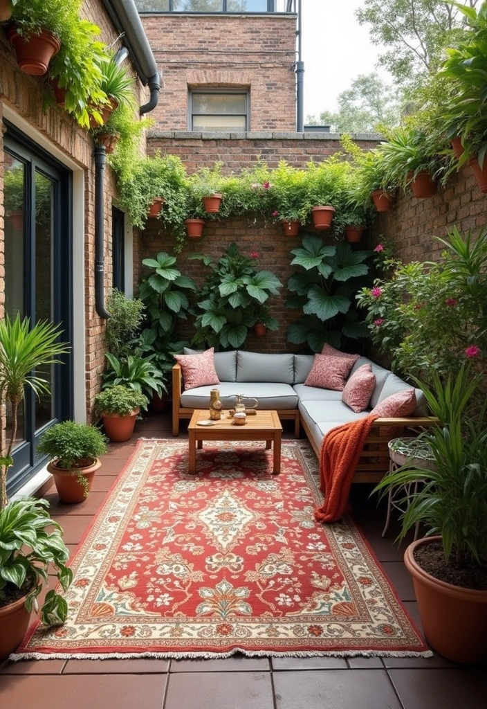 29 Small Yard Patio Ideas That Make the Most of Space 9. Use of Outdoor Rugs