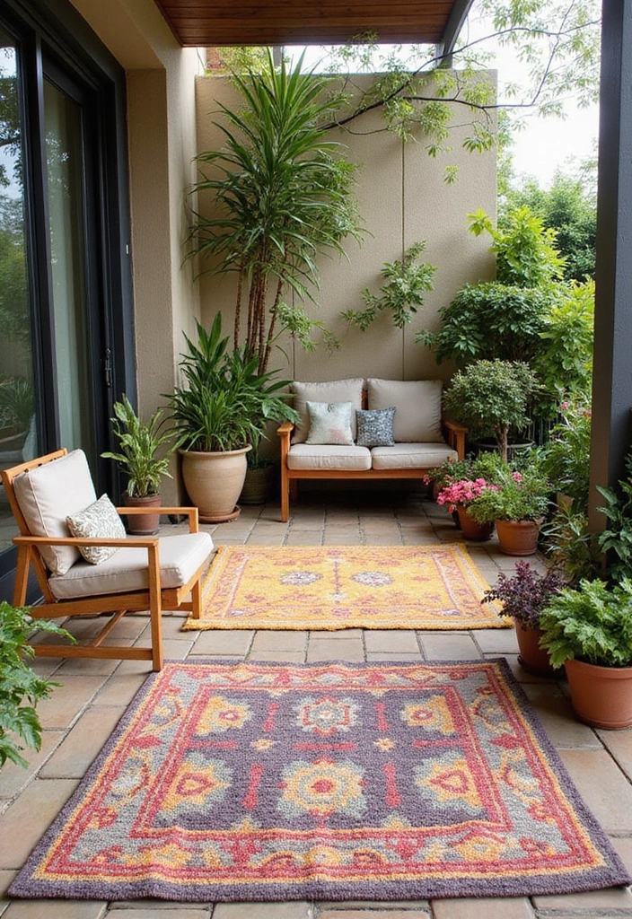 30 Modern Patio Inspirations With Sleek Minimalist Style 13. Lightweight Outdoor Rugs for Texture