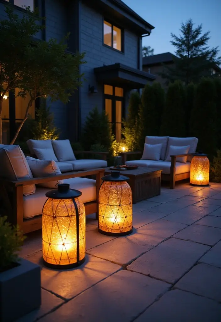 30 Modern Patio Inspirations With Sleek Minimalist Style 24. Creative Lanterns for Nighttime Ambiance