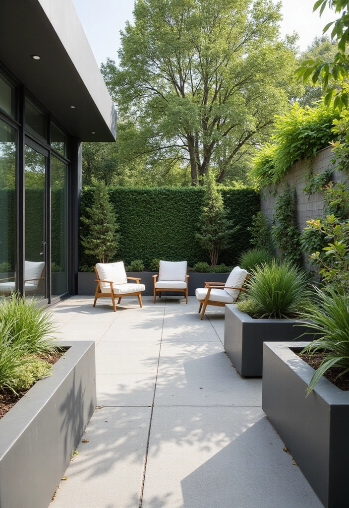 30 Modern Patio Inspirations With Sleek Minimalist Style 6. Elevated Planters for Added Interest