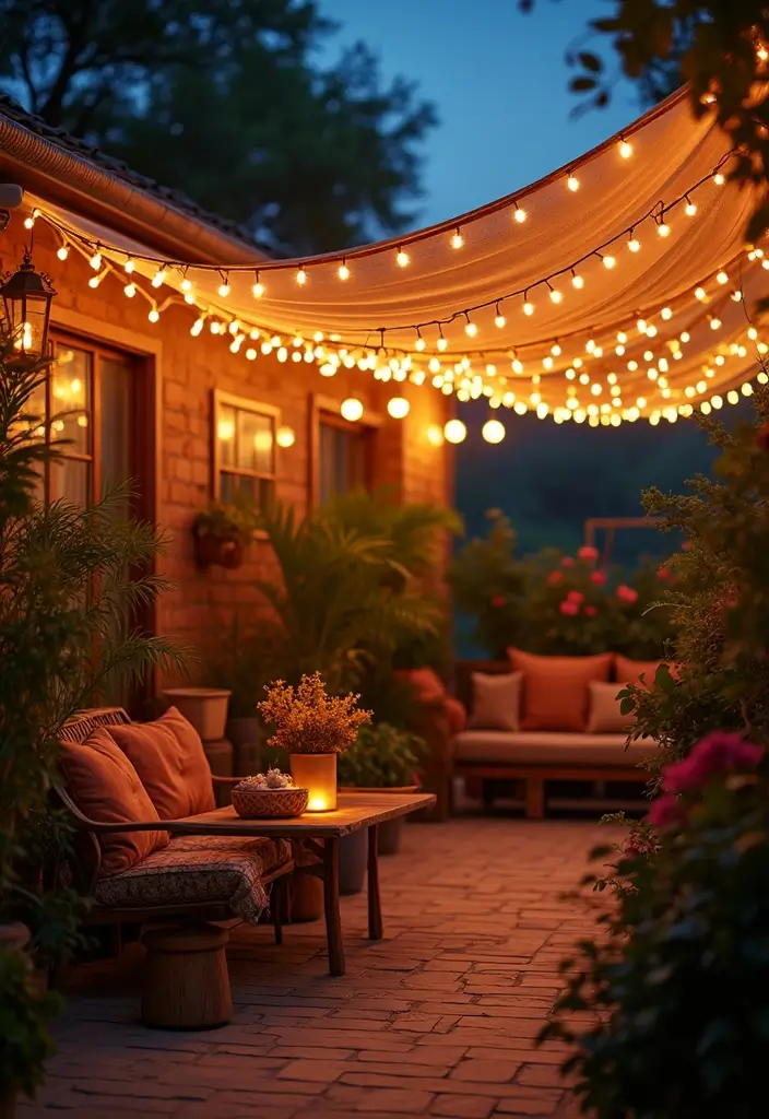 30 Patio Door Window Treatments That Look Fresh 26. Outdoor String Lights with Fabric Covers