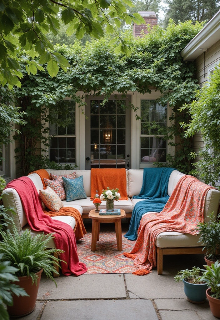 30 Patio Door Window Treatments That Look Fresh 28. Colorful Outdoor Throws