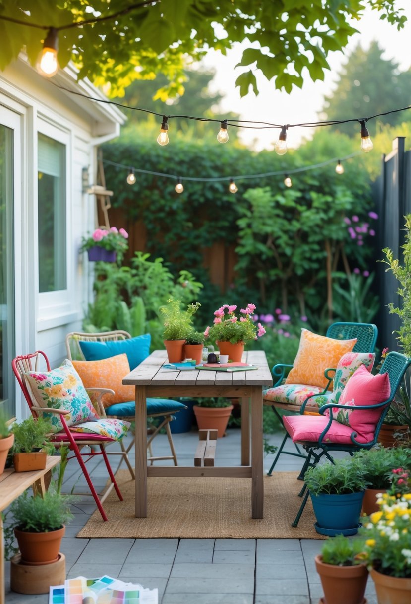 A cozy outdoor patio with a wooden table, colorful cushions, potted plants, string lights, and gardening supplies arranged for decorating.