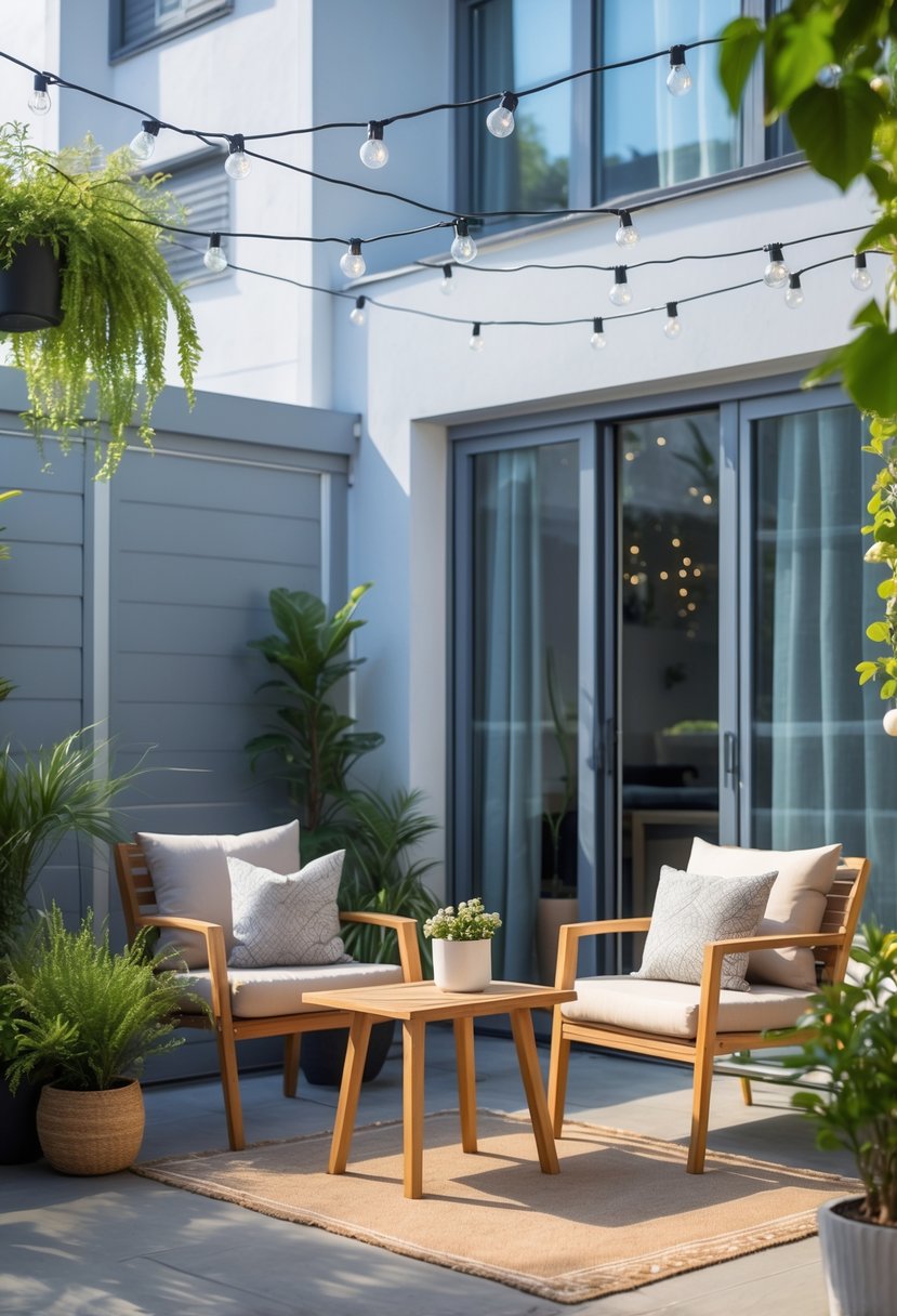 How to Decorate an Apartment Patio: Ideas for Stylish Outdoor Living 1 A decorated apartment patio with a small table, chairs, potted plants, and string lights.