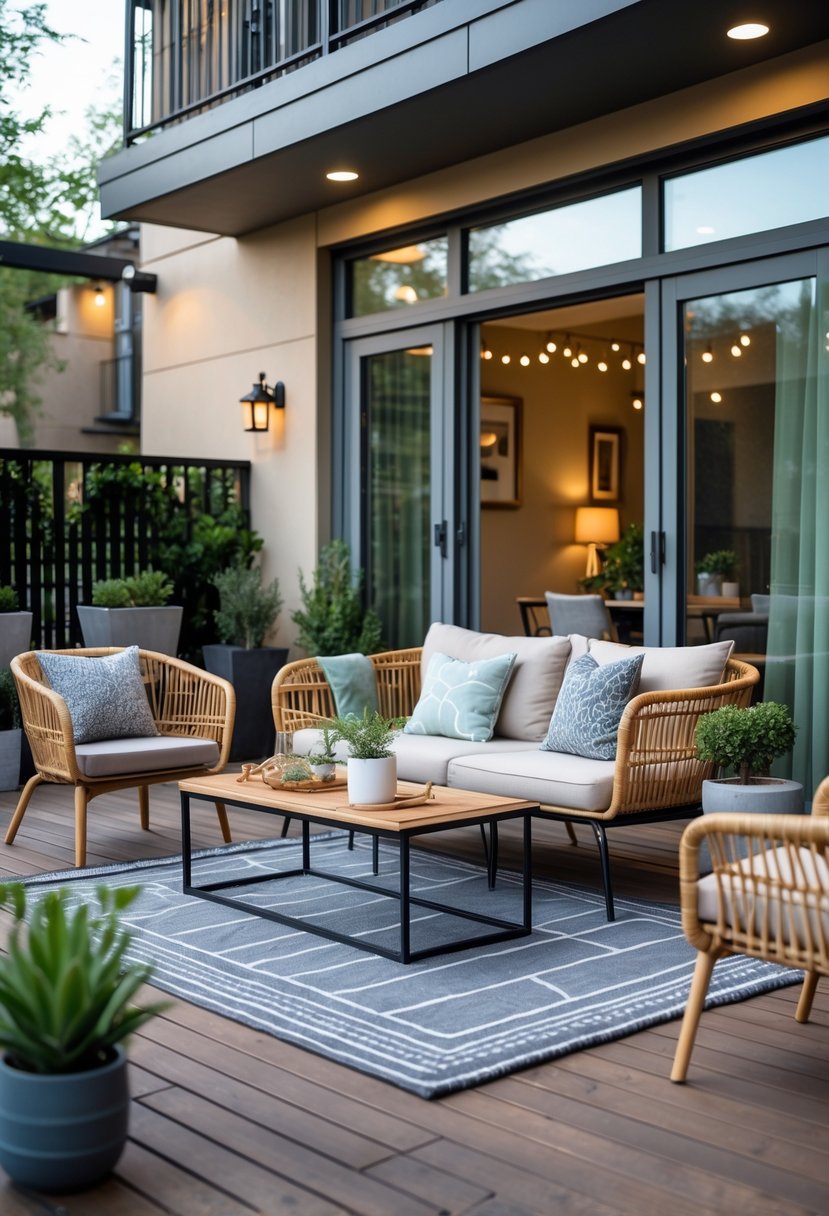 How to Decorate an Apartment Patio: Ideas for Stylish Outdoor Living 3 An outdoor apartment patio with a sofa, chairs, coffee table, and plants arranged for seating and relaxation.