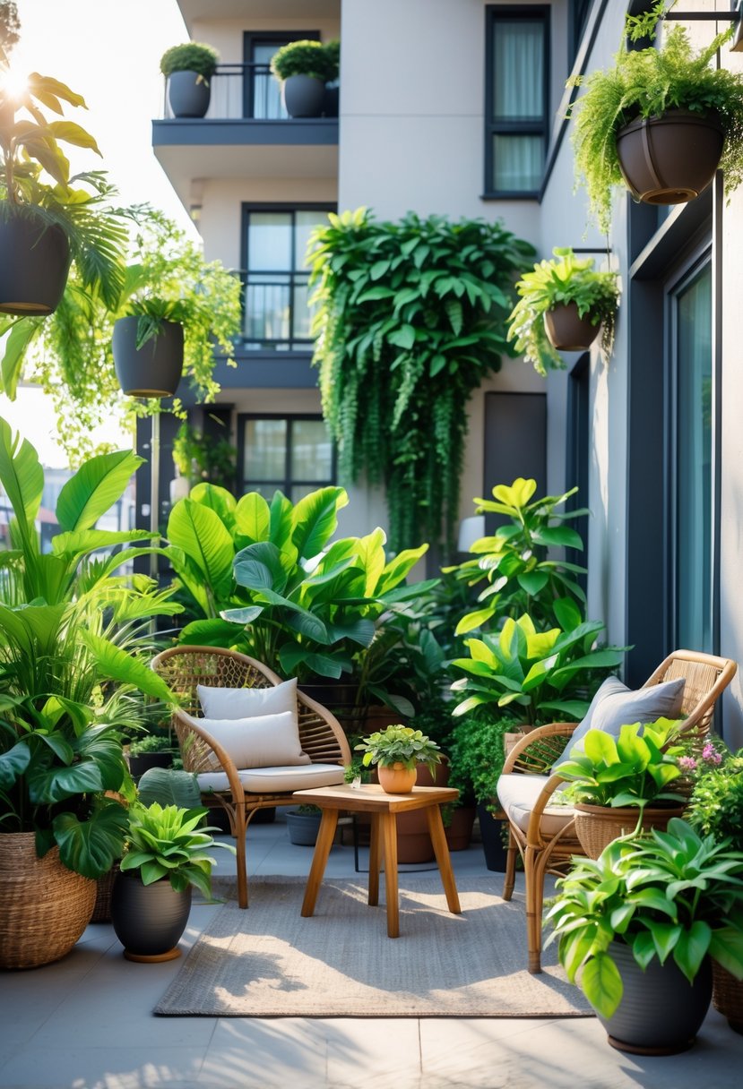 How to Decorate an Apartment Patio: Ideas for Stylish Outdoor Living 4 Apartment patio decorated with various green plants, outdoor furniture, and natural sunlight.