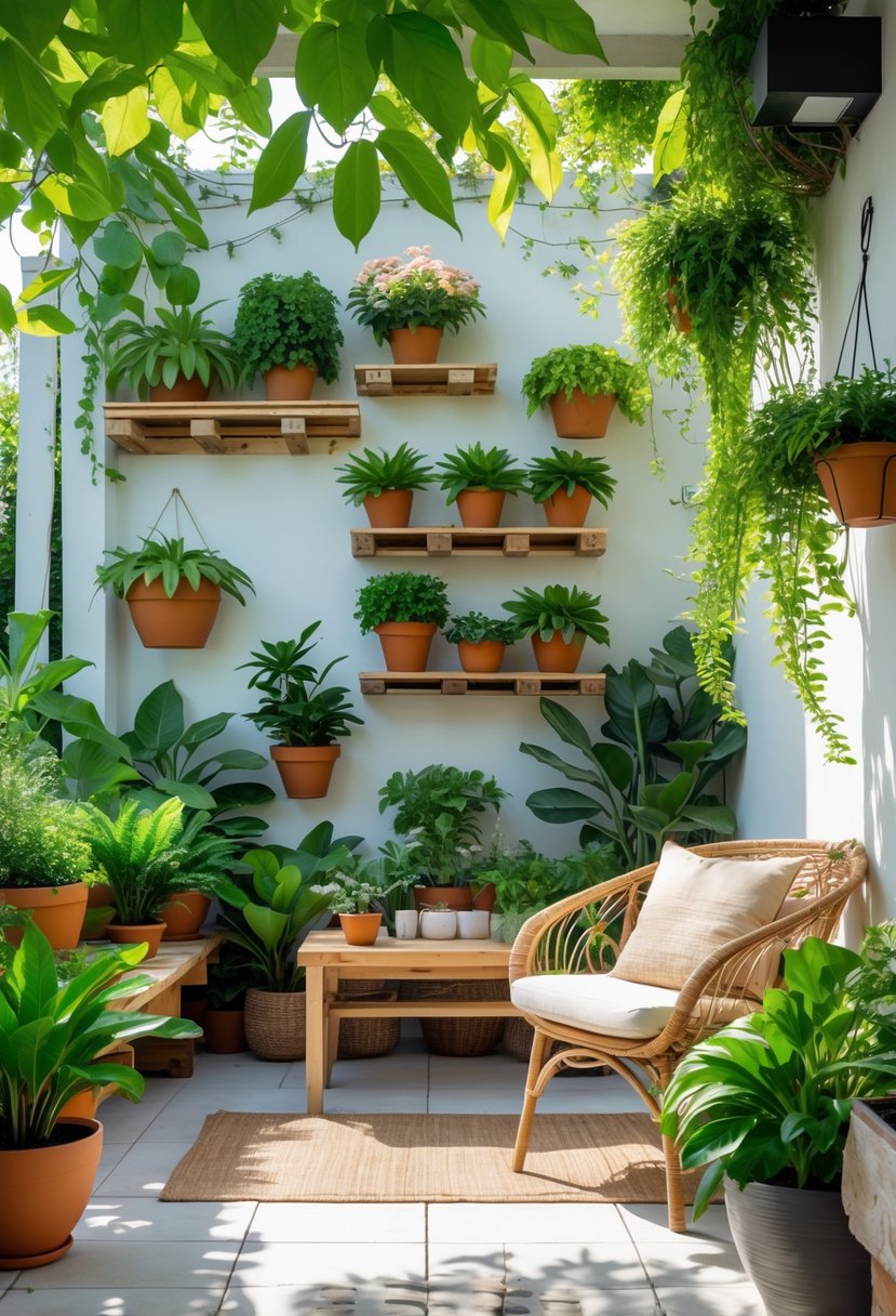 A cozy patio decorated with various green plants and vertical gardens, featuring wooden shelves with potted plants and comfortable seating.