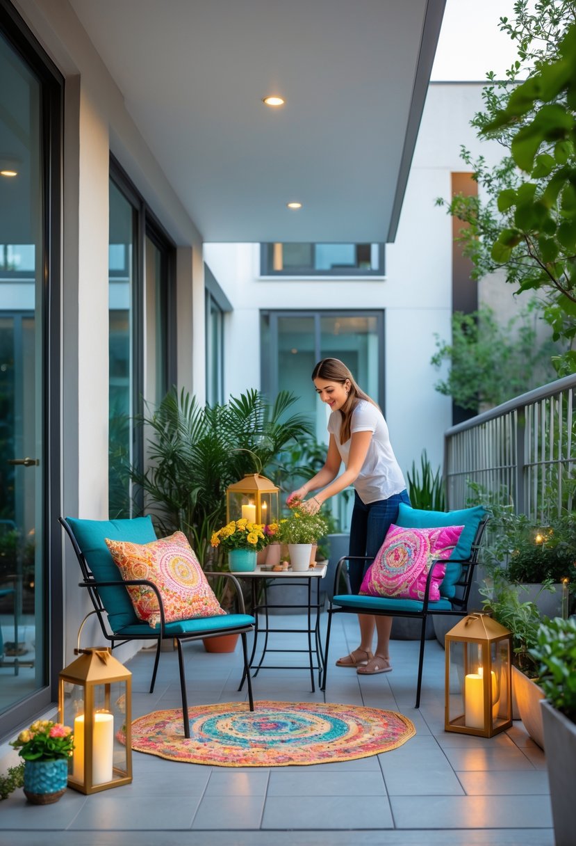 How to Decorate an Apartment Patio: Ideas for Stylish Outdoor Living 7 A person decorating an apartment patio with plants, cushions, and lanterns in a cozy outdoor space.
