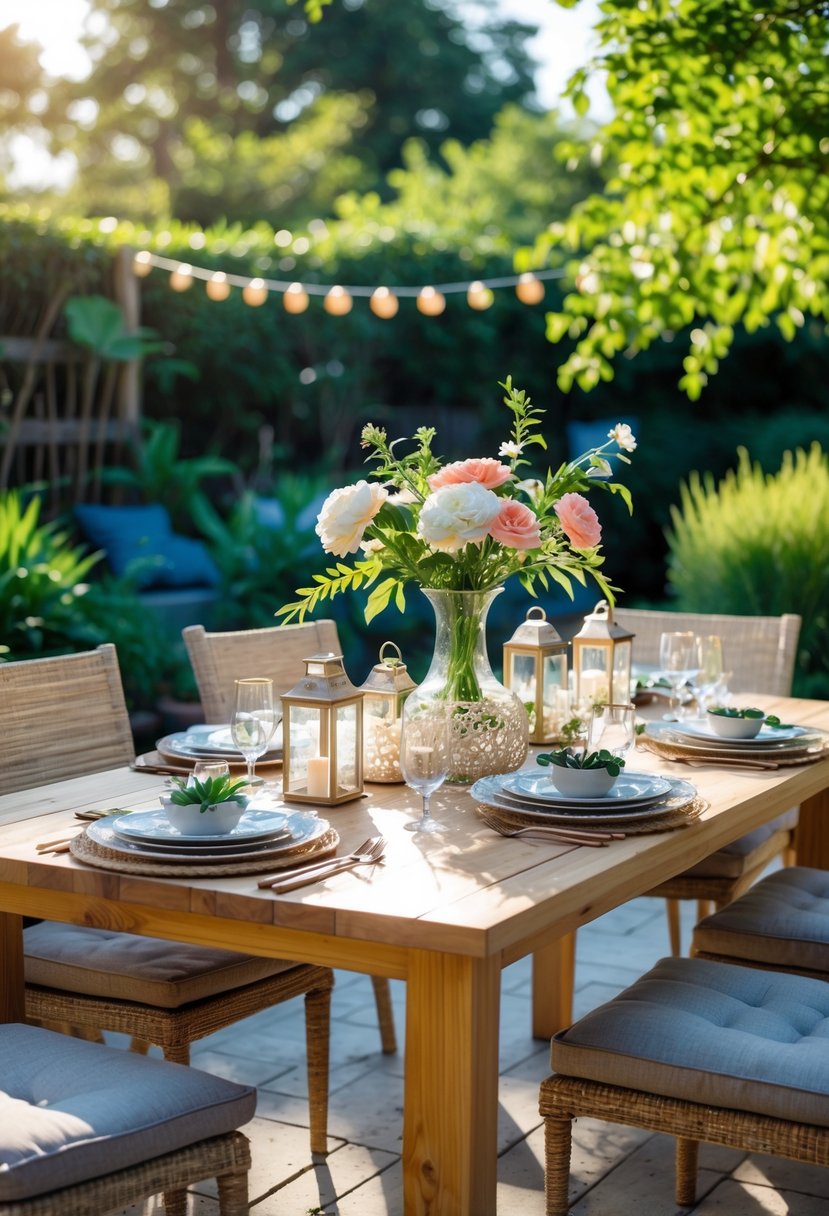 How to Decorate Outdoor Patio Table: Creative & Practical Tips 7 Outdoor patio table decorated with flowers, tableware, and lanterns surrounded by chairs and greenery.