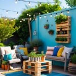 A cozy outdoor patio with simple furniture, potted plants in repurposed containers, string lights overhead, and a small vertical garden, all arranged in a backyard.