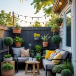 A small patio with a cozy seating area, potted plants, string lights, and a wooden table with a lantern and coffee cup.