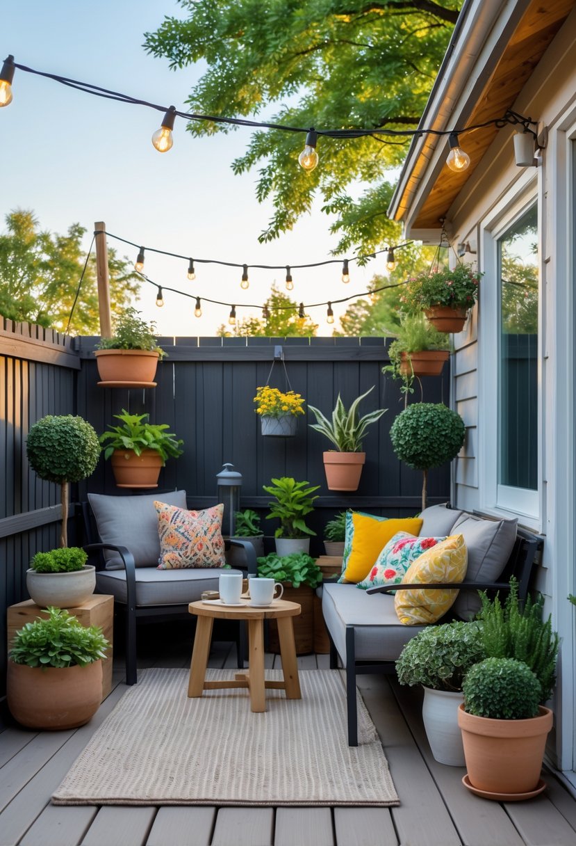 A small patio with a cozy seating area, potted plants, string lights, and a wooden table with a lantern and coffee cup.
