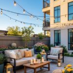 An apartment patio with outdoor seating, plants, string lights, and decorative items arranged for comfort and relaxation.
