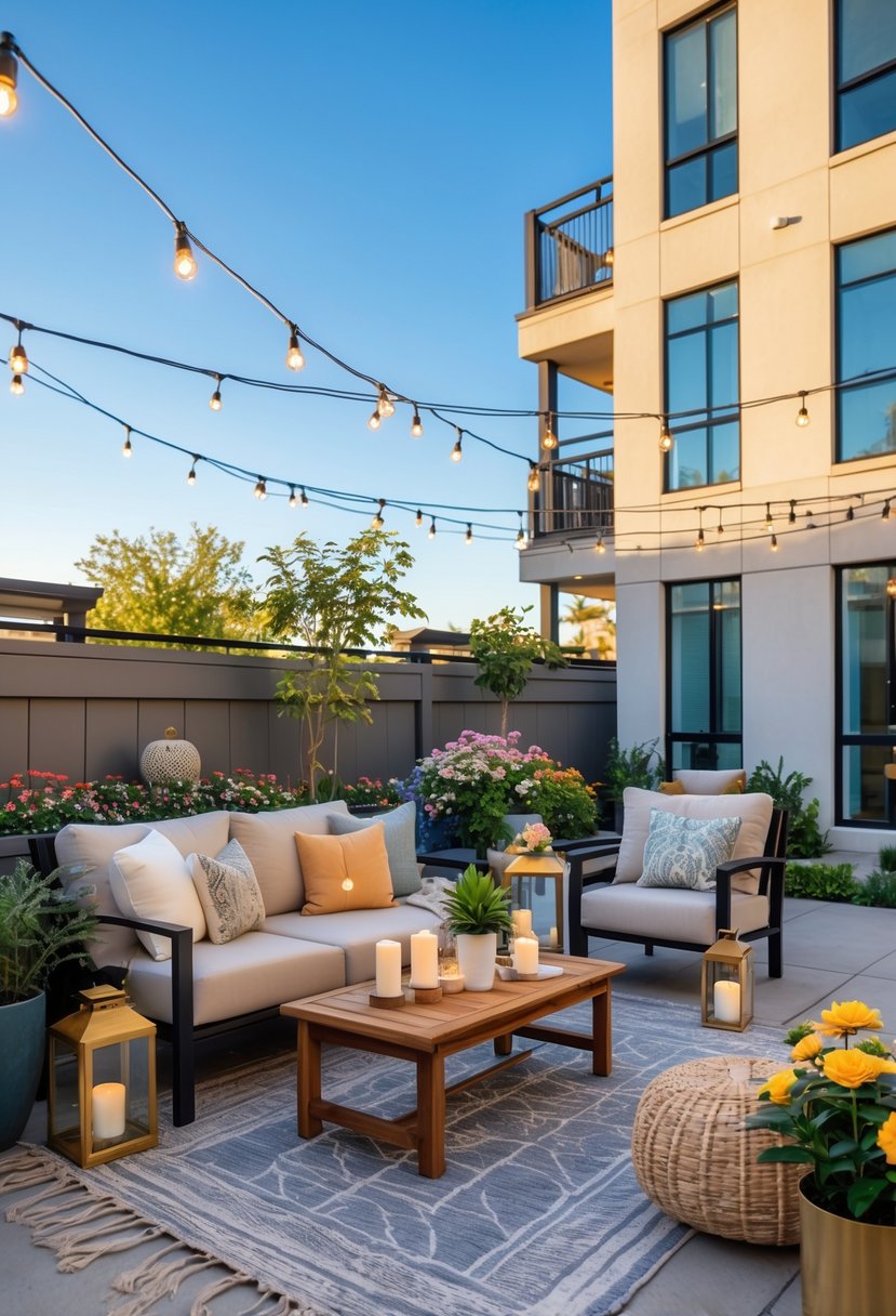 An apartment patio with outdoor seating, plants, string lights, and decorative items arranged for comfort and relaxation.