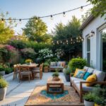 A concrete patio decorated with outdoor furniture, potted plants, and string lights in a garden setting.