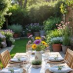 Outdoor patio table decorated with flowers, plates, cutlery, and glasses surrounded by green plants.