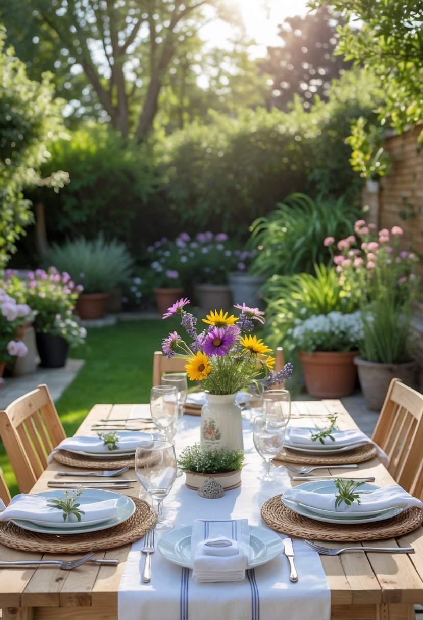 Outdoor patio table decorated with flowers, plates, cutlery, and glasses surrounded by green plants.