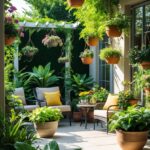 A patio decorated with various green plants in pots, outdoor seating, and climbing vines on trellises.