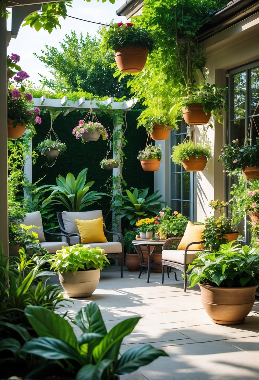 A patio decorated with various green plants in pots, outdoor seating, and climbing vines on trellises.