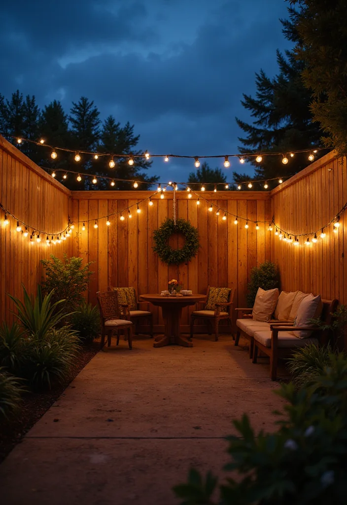 12 Backyard Fence Decor Ideas for Charming Personalized Style 23 12 Backyard Fence Decor Ideas for Charming Personalized Style 3. String Lights for Enchantment