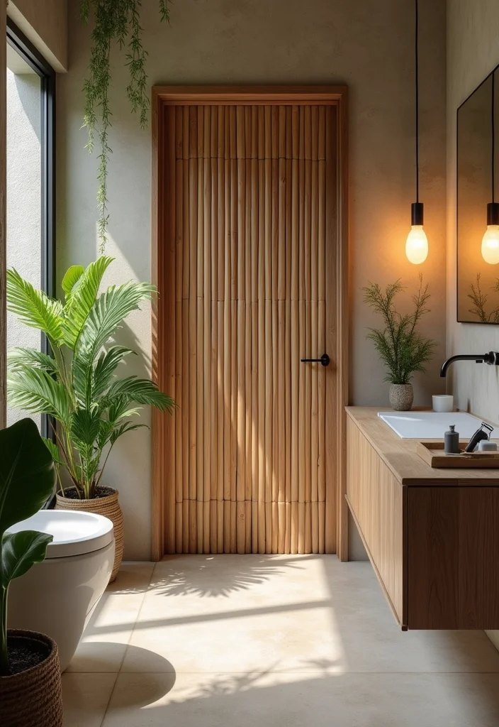 12 Bathroom Door Ideas for Better Privacy and Clean Style 3. Bamboo Bliss