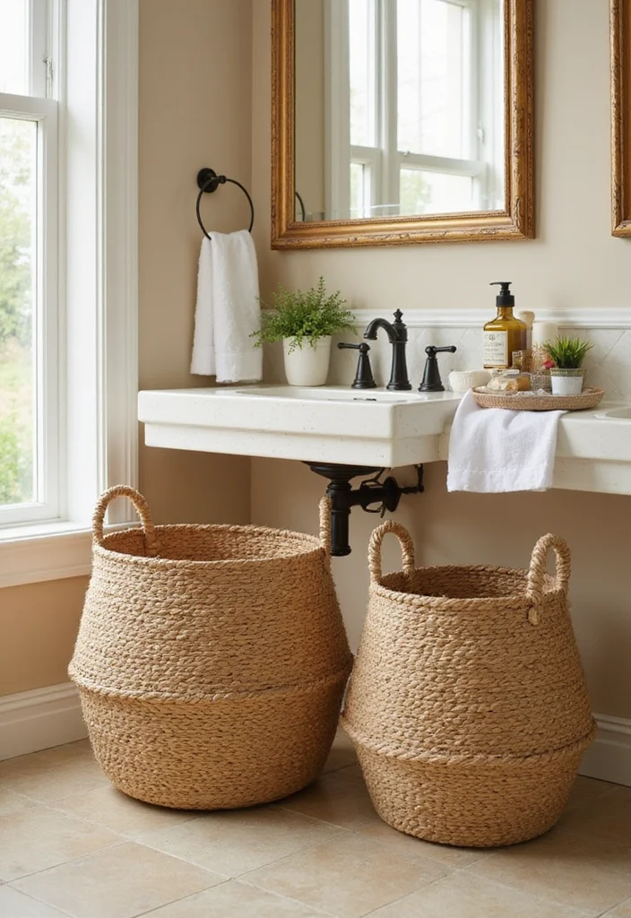 12 Beige Bathroom Ideas for Warm Subtle Relaxing Tones 89 12 Beige Bathroom Ideas for Warm Subtle Relaxing Tones 9. Decorative Baskets