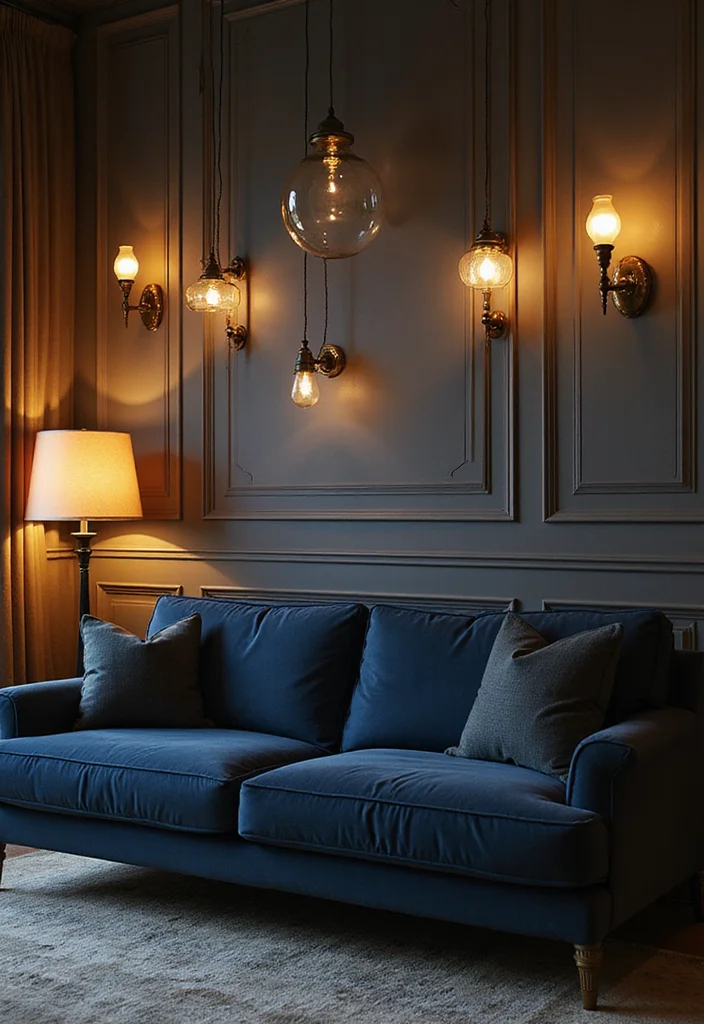 12 Navy Blue Sofa Living Room Ideas for Deep Sophisticated Style 67 12 Navy Blue Sofa Living Room Ideas for Deep Sophisticated Style 7. Layered Lighting Designs