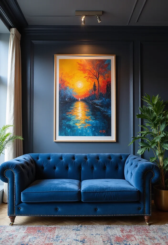 12 Navy Blue Sofa Living Room Ideas for Deep Sophisticated Style 78 12 Navy Blue Sofa Living Room Ideas for Deep Sophisticated Style 8. Bold Art Pieces