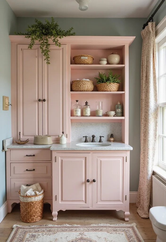 12 Pink Bathroom Ideas for Soft Playful Charming Spaces 10. Charming Vintage Storage Solutions