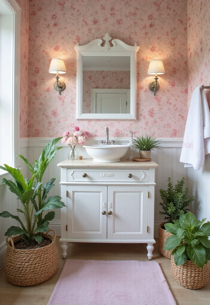 12 Pink Bathroom Ideas for Soft Playful Charming Spaces 2. Floral Wallpaper Accents
