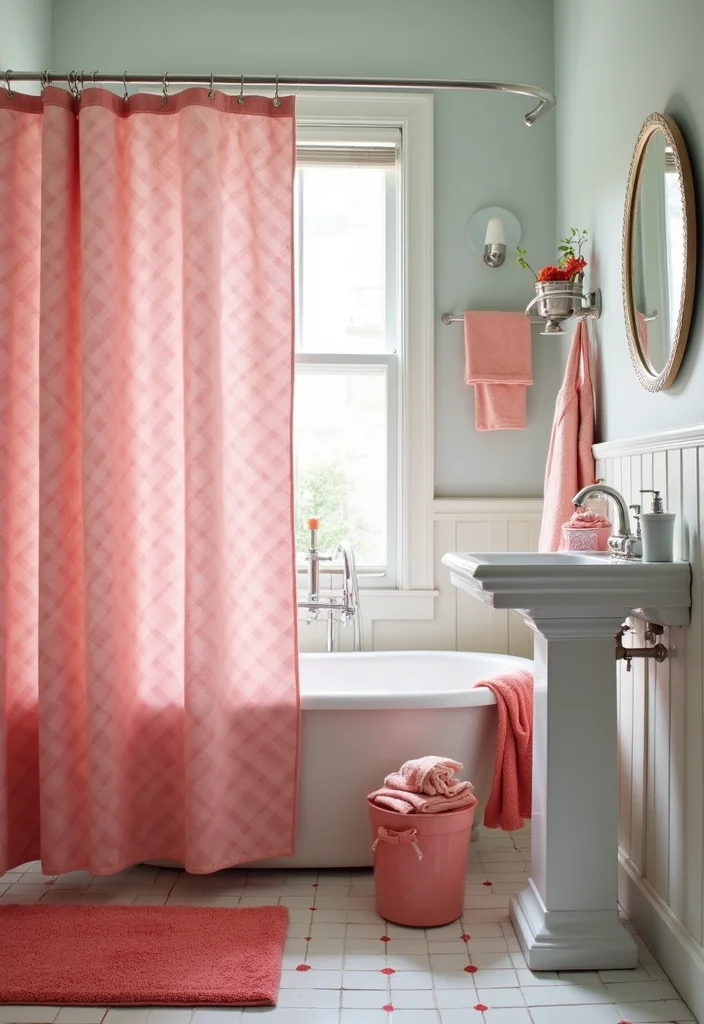 12 Pink Bathroom Ideas for Soft Playful Charming Spaces 5. Playful Shower Curtains