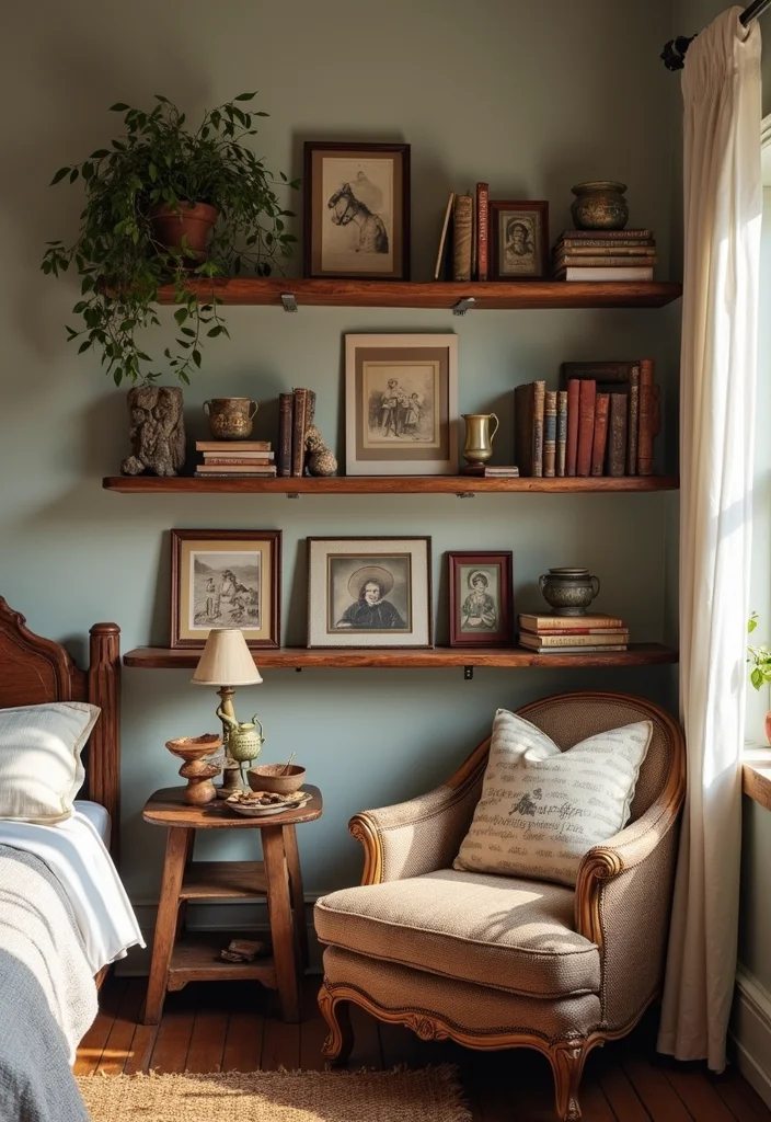 12 Shelf Ideas for Bedroom for Clean Organized Decor 9. Vintage Style Shelves for Character