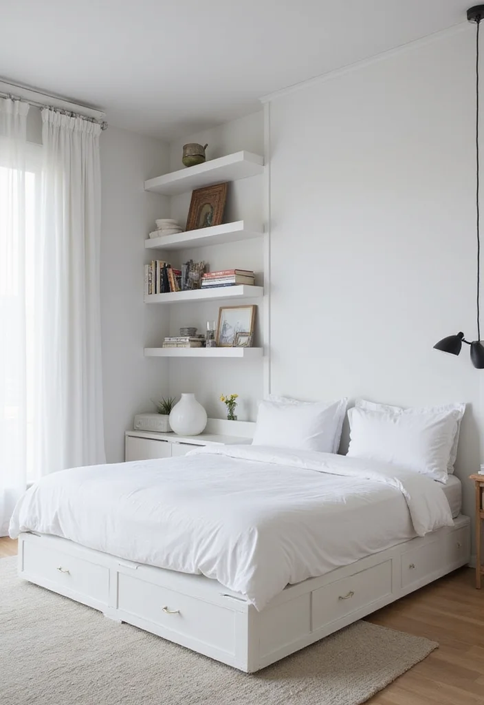 12 White Bedroom Ideas for Bright Clean Timeless Comfort 4. Minimalist Chic with Smart Storage