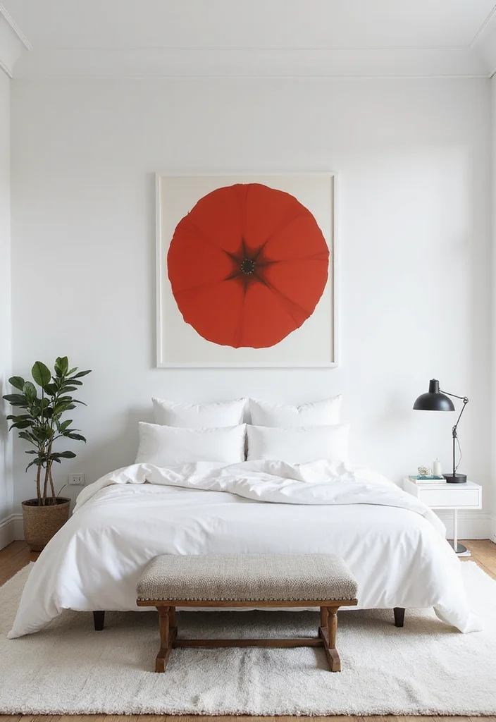 12 White Bedroom Ideas for Bright Clean Timeless Comfort 7. Bright White with Bold Art