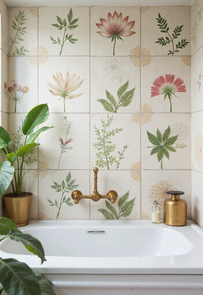 14 Bathroom Backsplash Ideas for Stylish Easy to Clean Updates 3. Ceramic Tiles with Nature Inspired Designs