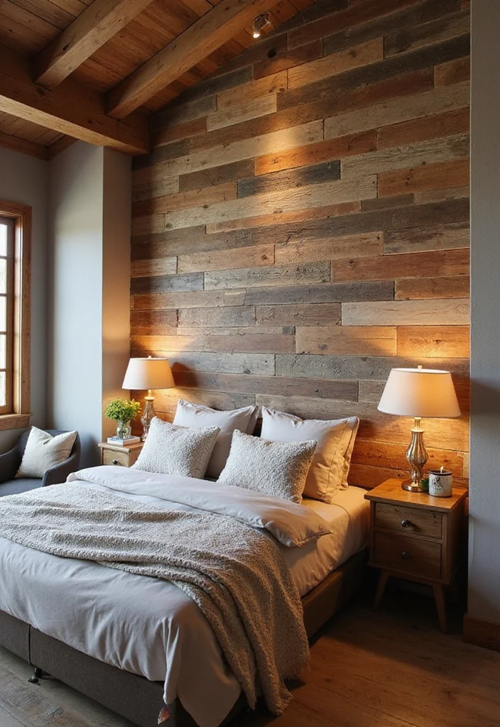 14 Bedroom Accent Wall Ideas for Stylish Texture and Color 1. Reclaimed Wood Delight