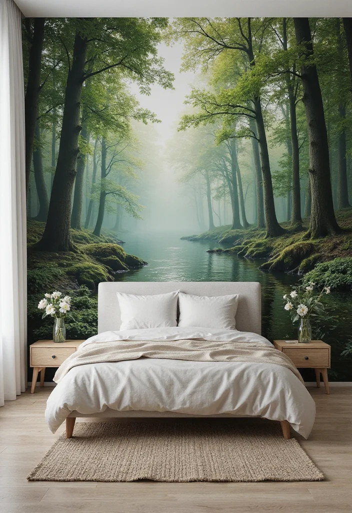 14 Bedroom Accent Wall Ideas for Stylish Texture and Color 3. Nature Inspired Murals