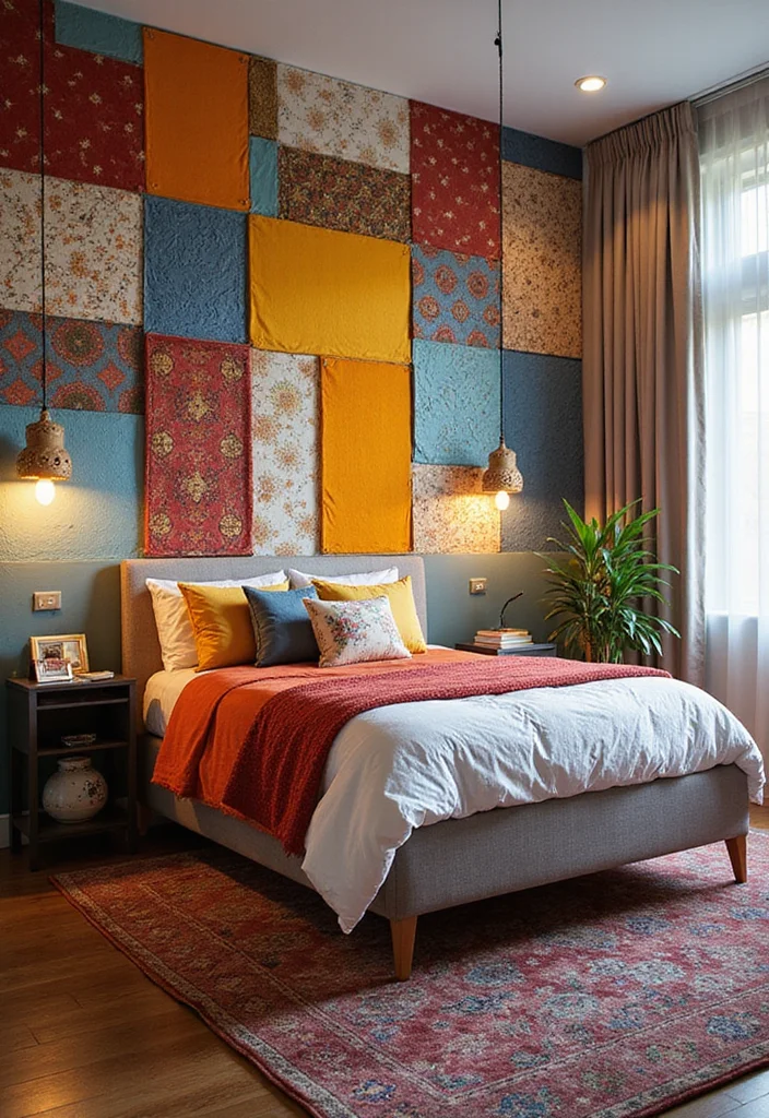 14 Bedroom Accent Wall Ideas for Stylish Texture and Color 5. Vibrant Fabric Panels