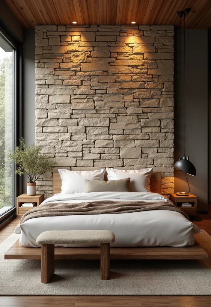 14 Bedroom Accent Wall Ideas for Stylish Texture and Color 8. Eco Conscious Stone Accents